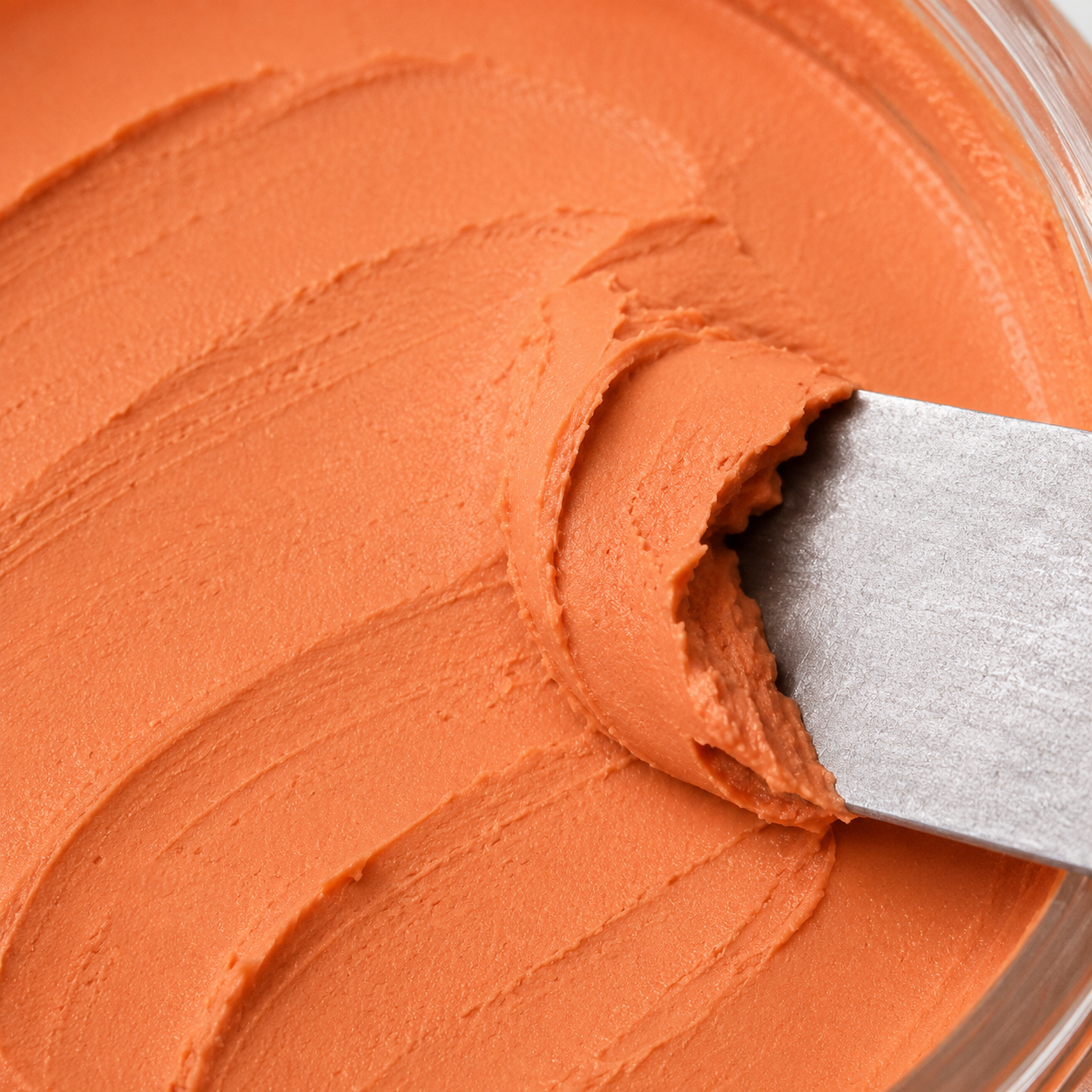 Close-up of orange cream with a spatula